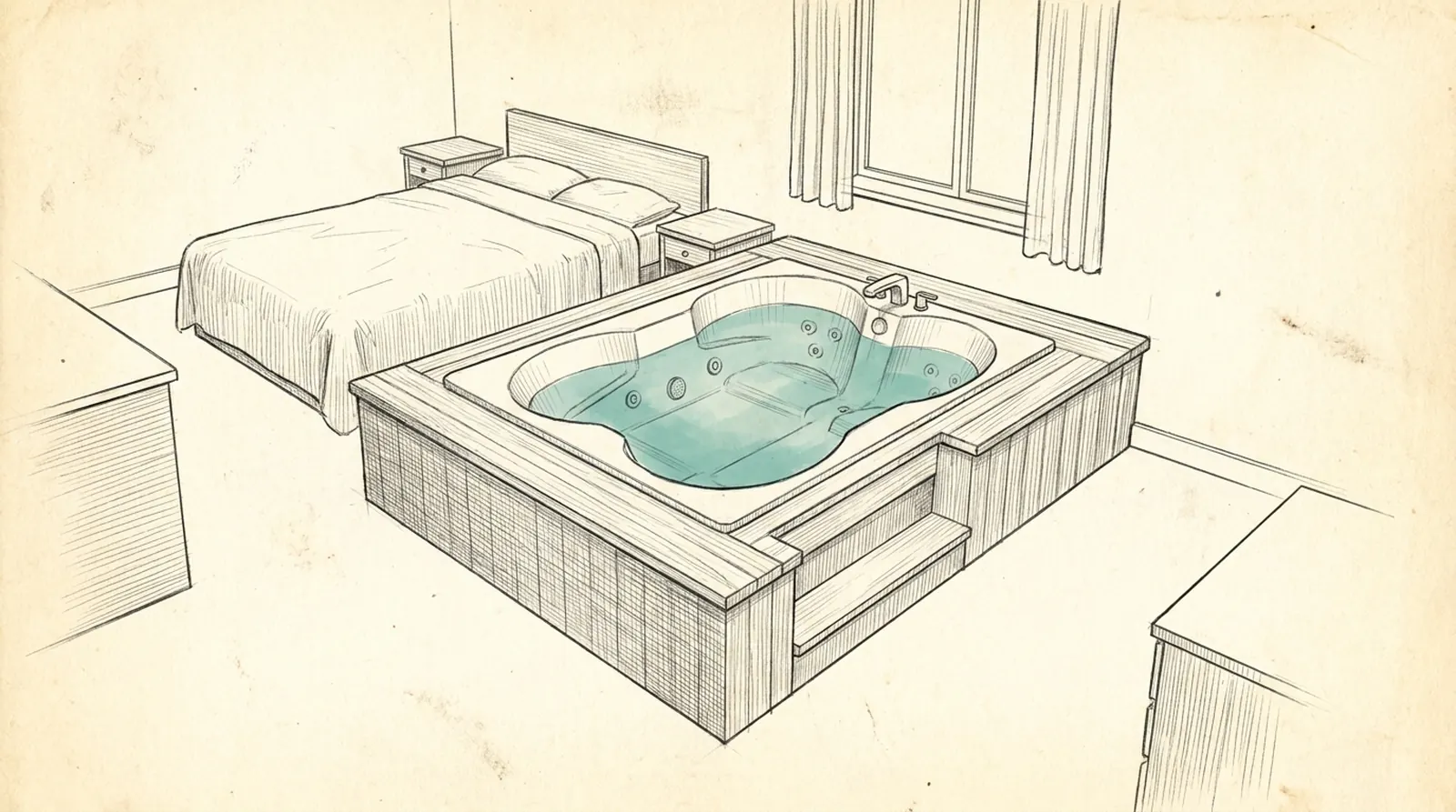 Dibujo de una habitación con jacuzzi junto a la cama, en perspectiva, con el grifo, los asientos y el escalón de entrada a la vista.