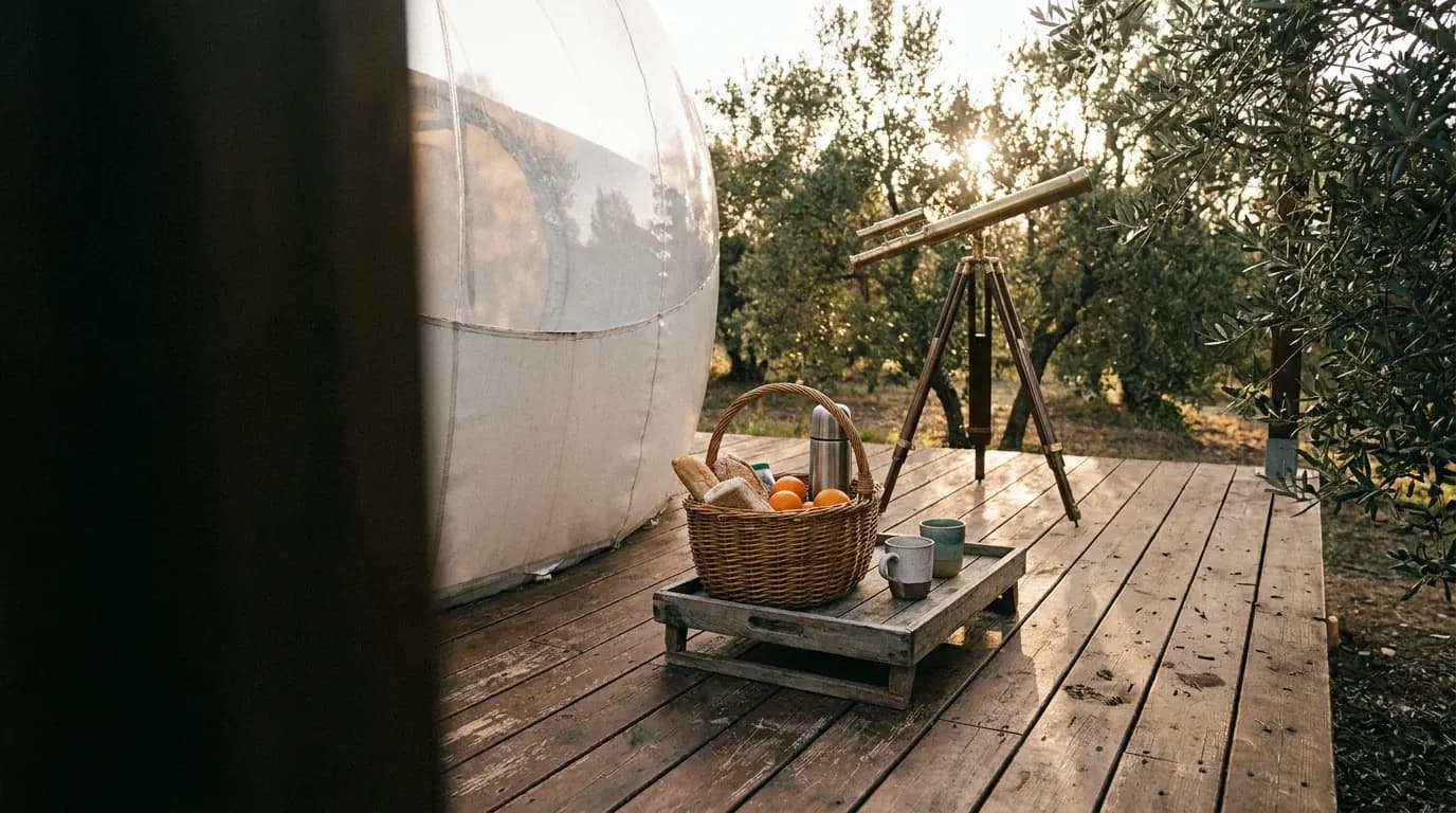 Cesta de desayuno y un telescopio en la tarima de madera de una burbuja, entre olivos, a primera hora. Imagen generada con IA.